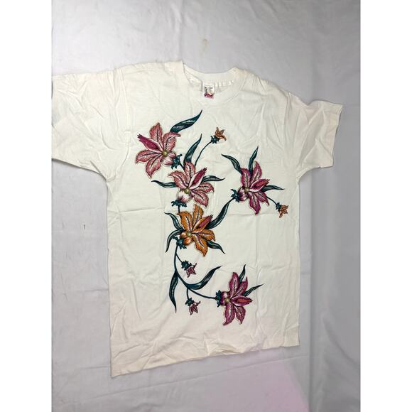 VTG 90s Hand Painted Floral T-Shirt White Single Stitch Art Tee Y2K X-Large - Picture 9 of 16